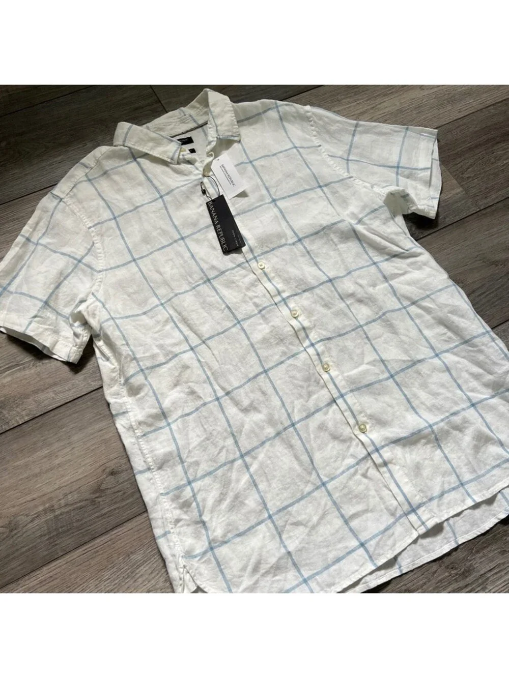Banana Republic Men's L Short Sleeve Shirt 100% Linen Plaid Camden Fit NEW NWT